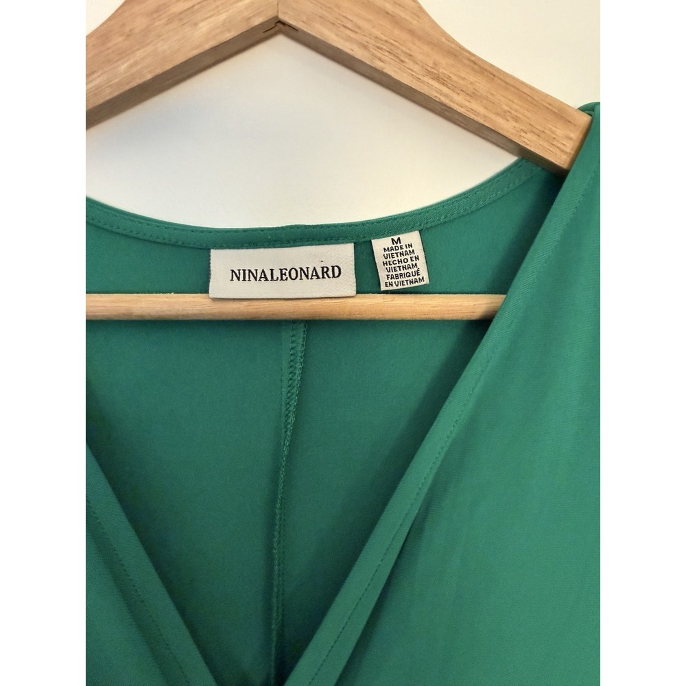 Nina Leonard Women's Faux Wrap Midi Dress Green Size M Shark Bite Hem A-Line - Picture 7 of 16